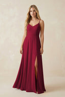 Cami Strap A-Line Chiffon Bridesmaid Dress with Slit in Berry - KissProm BRIDESMAID DRESSES