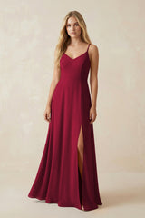 Cami Strap A-Line Chiffon Bridesmaid Dress with Slit in Berry - KissProm BRIDESMAID DRESSES