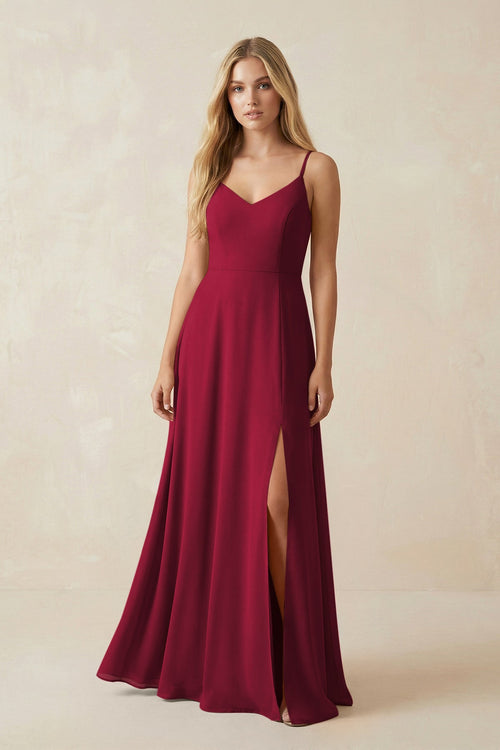 Cami Strap A-Line Chiffon Bridesmaid Dress with Slit in Berry - KissProm BRIDESMAID DRESSES