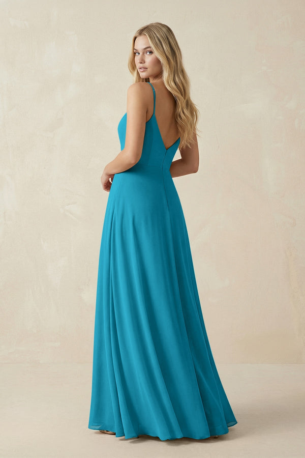 Cami Strap A-Line Chiffon Bridesmaid Dress with Slit in Blue Jay - KissProm BRIDESMAID DRESSES