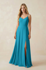 Cami Strap A-Line Chiffon Bridesmaid Dress with Slit in Blue Jay - KissProm BRIDESMAID DRESSES