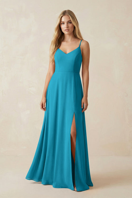 Cami Strap A-Line Chiffon Bridesmaid Dress with Slit in Blue Jay - KissProm BRIDESMAID DRESSES