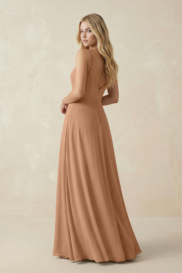 Cami Strap A-Line Chiffon Bridesmaid Dress with Slit in Bronzer - KissProm BRIDESMAID DRESSES