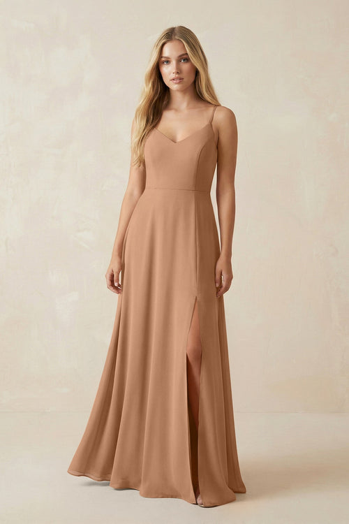 Cami Strap A-Line Chiffon Bridesmaid Dress with Slit in Bronzer - KissProm BRIDESMAID DRESSES