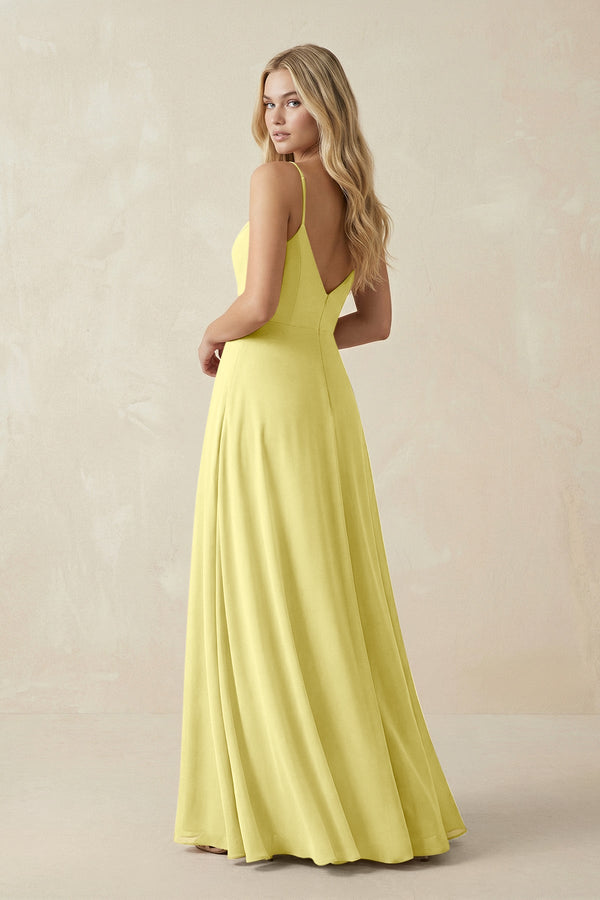 Cami Strap A-Line Chiffon Bridesmaid Dress with Slit in Buttercup - KissProm BRIDESMAID DRESSES