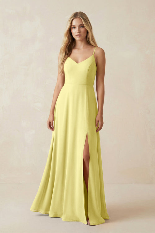 Cami Strap A-Line Chiffon Bridesmaid Dress with Slit in Buttercup - KissProm BRIDESMAID DRESSES