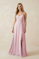 Cami Strap A-Line Chiffon Bridesmaid Dress with Slit in Candy Pink - KissProm BRIDESMAID DRESSES