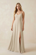 Cami Strap A-Line Chiffon Bridesmaid Dress with Slit in Champagne - KissProm BRIDESMAID DRESSES