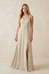 Cami Strap A-Line Chiffon Bridesmaid Dress with Slit in Champagne - KissProm BRIDESMAID DRESSES