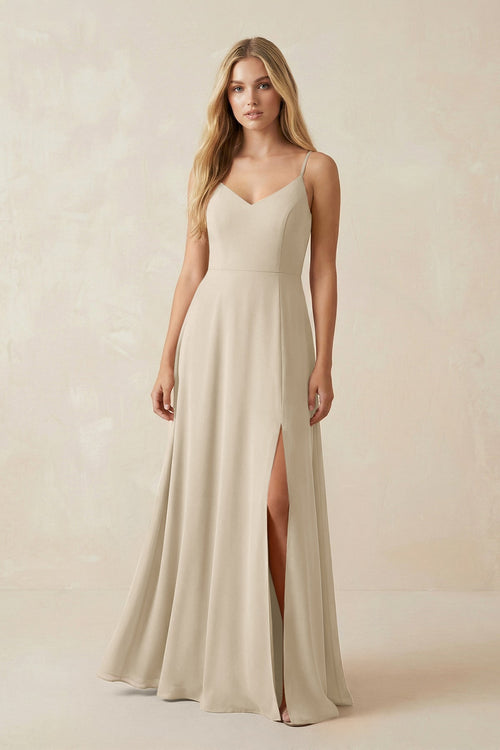 Cami Strap A-Line Chiffon Bridesmaid Dress with Slit in Champagne - KissProm BRIDESMAID DRESSES