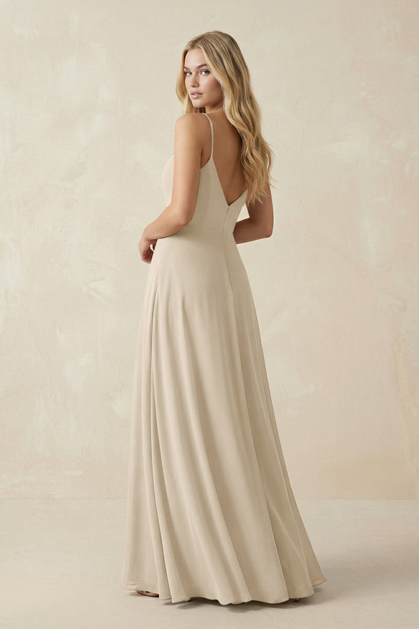 Cami Strap A-Line Chiffon Bridesmaid Dress with Slit in Champagne - KissProm BRIDESMAID DRESSES