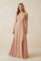 Cami Strap A-Line Chiffon Bridesmaid Dress with Slit in Champagne Rose - KissProm BRIDESMAID DRESSES