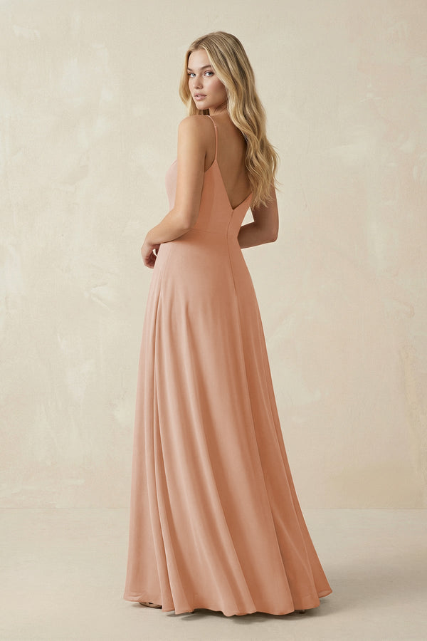 Cami Strap A-Line Chiffon Bridesmaid Dress with Slit in Champagne Rose - KissProm BRIDESMAID DRESSES