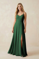 Cami Strap A-Line Chiffon Bridesmaid Dress with Slit in Dark Green - KissProm BRIDESMAID DRESSES