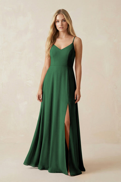 Cami Strap A-Line Chiffon Bridesmaid Dress with Slit in Dark Green - KissProm BRIDESMAID DRESSES