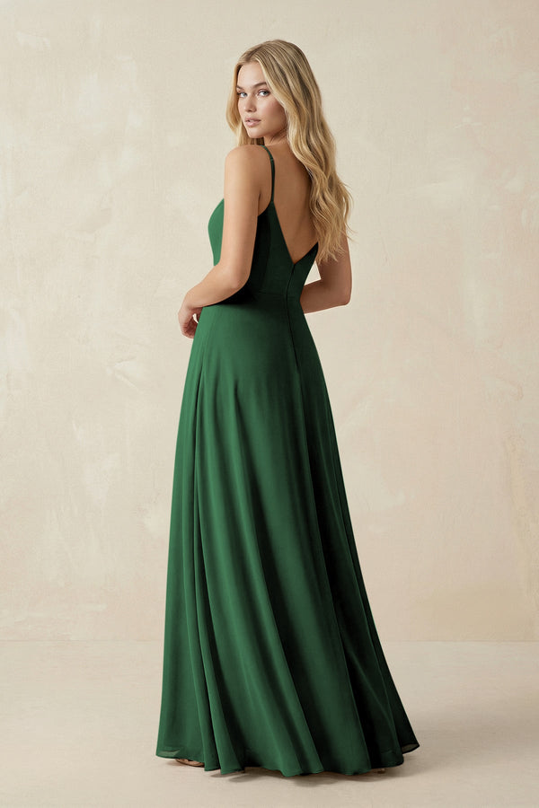 Cami Strap A-Line Chiffon Bridesmaid Dress with Slit in Dark Green - KissProm BRIDESMAID DRESSES