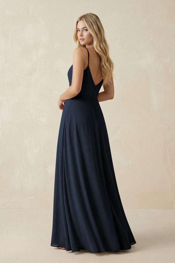 Cami Strap A-Line Chiffon Bridesmaid Dress with Slit in Dark Navy - KissProm BRIDESMAID DRESSES