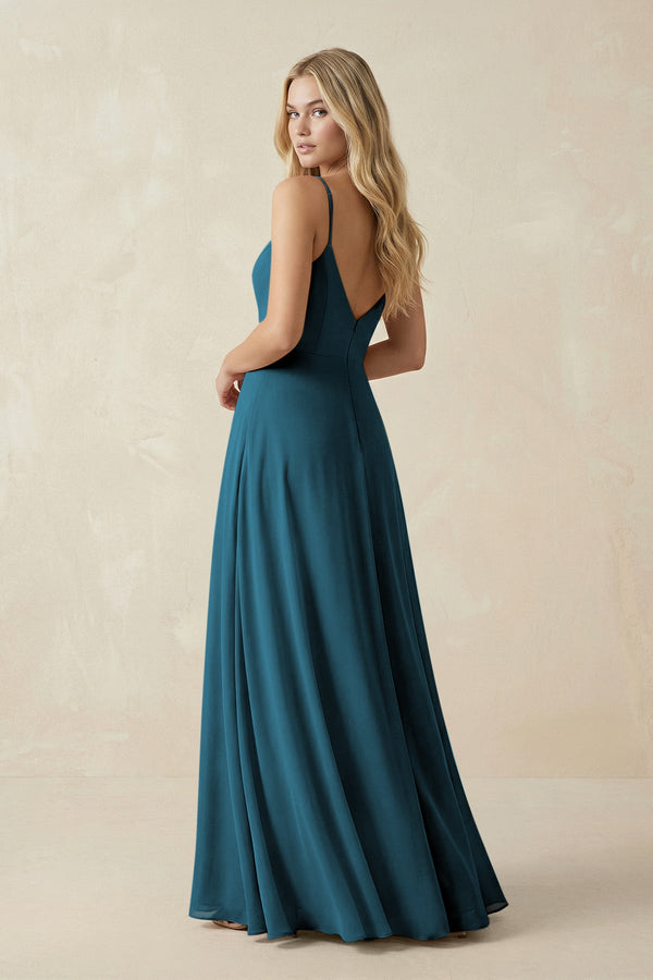 Cami Strap A-Line Chiffon Bridesmaid Dress with Slit in Dark Teal - KissProm BRIDESMAID DRESSES