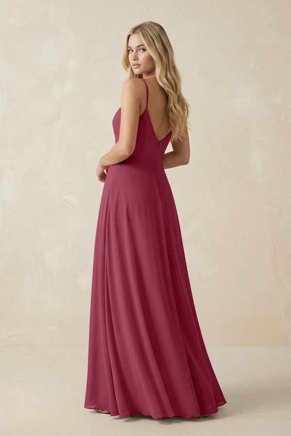 Cami Strap A-Line Chiffon Bridesmaid Dress with Slit in Desert Rose - KissProm BRIDESMAID DRESSES