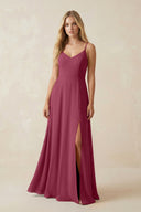 Cami Strap A-Line Chiffon Bridesmaid Dress with Slit in Desert Rose - KissProm BRIDESMAID DRESSES