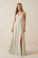 Cami Strap A-Line Chiffon Bridesmaid Dress with Slit in Dove Gray - KissProm BRIDESMAID DRESSES