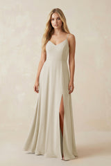 Cami Strap A-Line Chiffon Bridesmaid Dress with Slit in Dove Gray - KissProm BRIDESMAID DRESSES