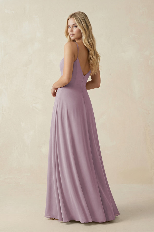 Cami Strap A-Line Chiffon Bridesmaid Dress with Slit in Dusk - KissProm BRIDESMAID DRESSES