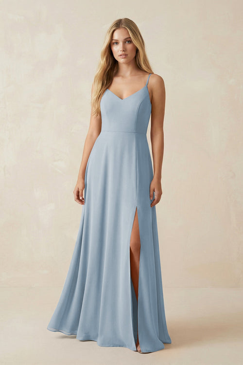Cami Strap A-Line Chiffon Bridesmaid Dress with Slit in Dusty Blue - KissProm BRIDESMAID DRESSES