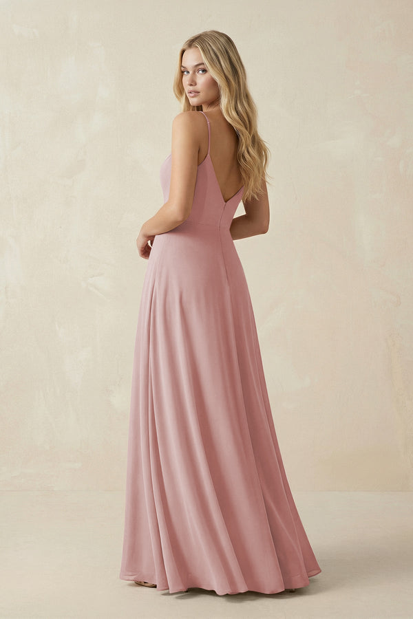 Cami Strap A-Line Chiffon Bridesmaid Dress with Slit in Dusty Rose - KissProm BRIDESMAID DRESSES
