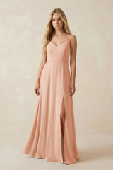Cami Strap A-Line Chiffon Bridesmaid Dress with Slit in English Rose - KissProm BRIDESMAID DRESSES