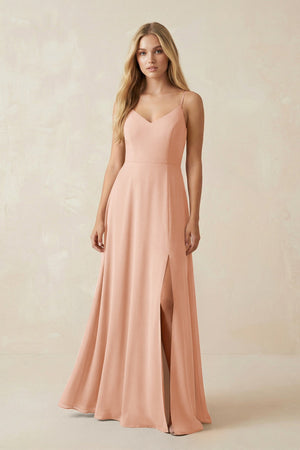 Cami Strap A-Line Chiffon Bridesmaid Dress with Slit in English Rose - KissProm BRIDESMAID DRESSES