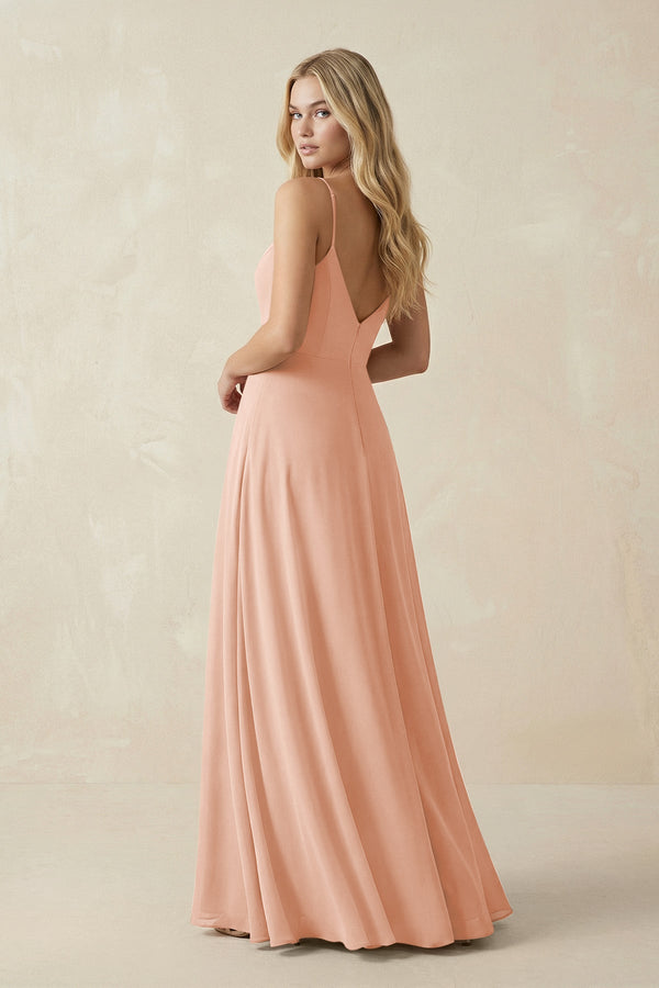 Cami Strap A-Line Chiffon Bridesmaid Dress with Slit in English Rose - KissProm BRIDESMAID DRESSES
