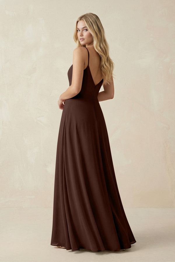 Cami Strap A-Line Chiffon Bridesmaid Dress with Slit in Espresso - KissProm BRIDESMAID DRESSES