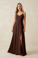 Cami Strap A-Line Chiffon Bridesmaid Dress with Slit in Espresso - KissProm BRIDESMAID DRESSES