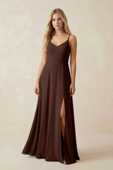 Cami Strap A-Line Chiffon Bridesmaid Dress with Slit in Espresso - KissProm BRIDESMAID DRESSES