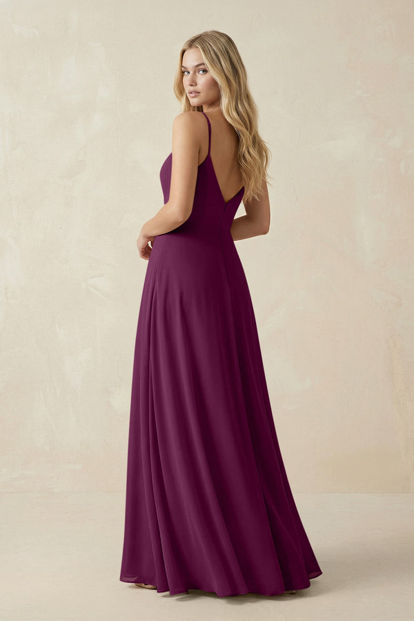 Cami Strap A-Line Chiffon Bridesmaid Dress with Slit in Fig - KissProm BRIDESMAID DRESSES