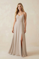 Cami Strap A-Line Chiffon Bridesmaid Dress with Slit in Frost - KissProm BRIDESMAID DRESSES