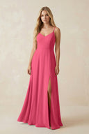 Cami Strap A-Line Chiffon Bridesmaid Dress with Slit in Fuchsia - KissProm BRIDESMAID DRESSES