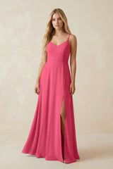 Cami Strap A-Line Chiffon Bridesmaid Dress with Slit in Fuchsia - KissProm BRIDESMAID DRESSES