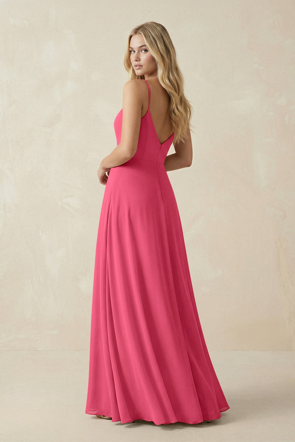 Cami Strap A-Line Chiffon Bridesmaid Dress with Slit in Fuchsia - KissProm BRIDESMAID DRESSES