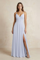 Cami Strap A - Line Chiffon Bridesmaid Dress With Slit in Ice - KissProm Bridesmaid Dresses