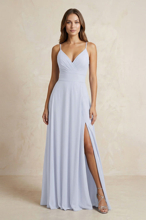 Cami Strap A - Line Chiffon Bridesmaid Dress With Slit in Ice - KissProm Bridesmaid Dresses