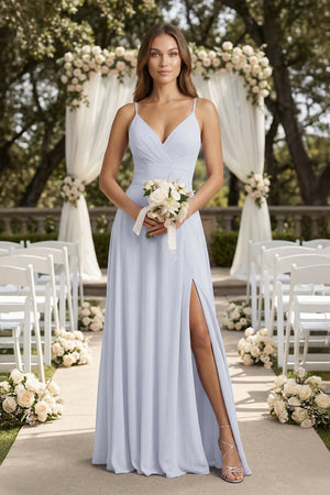 Cami Strap A - Line Chiffon Bridesmaid Dress With Slit in Ice - KissProm Bridesmaid Dresses