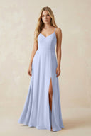 Cami Strap A - Line Chiffon Bridesmaid Dress with Slit in Ice - KissProm Bridesmaid Dresses