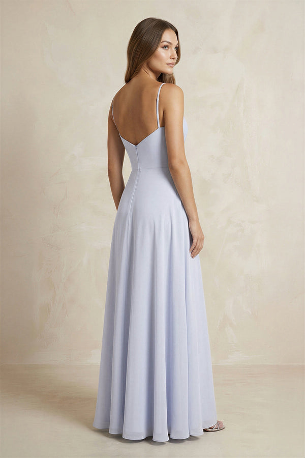 Cami Strap A - Line Chiffon Bridesmaid Dress With Slit in Ice - KissProm Bridesmaid Dresses