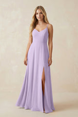 Cami Strap A-Line Chiffon Bridesmaid Dress with Slit in Lavender - KissProm BRIDESMAID DRESSES