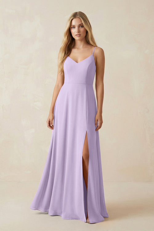 Cami Strap A-Line Chiffon Bridesmaid Dress with Slit in Lavender - KissProm BRIDESMAID DRESSES
