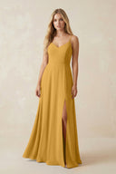 Cami Strap A-Line Chiffon Bridesmaid Dress with Slit in Marigold - KissProm BRIDESMAID DRESSES