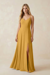 Cami Strap A-Line Chiffon Bridesmaid Dress with Slit in Marigold - KissProm BRIDESMAID DRESSES