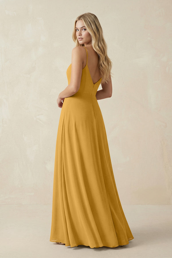 Cami Strap A-Line Chiffon Bridesmaid Dress with Slit in Marigold - KissProm BRIDESMAID DRESSES